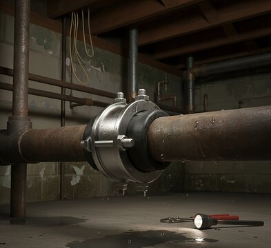 Pipe repair clamp tightly secures rubber patch on old pipe, demonstrating emergency plumbing fix for leaks in residential maintenance.