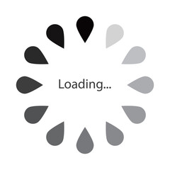 モノクロのグラデーションの雫が円状に並ぶローディングのマークのベクターイラスト。Webサイトやゲーム、データなどの読み込み中を表すフラットなUIアイコン