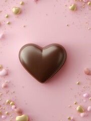 Heart-shaped chocolate on pink background surrounded by colorful candy sprinkles