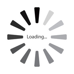 モノクロのグラデーションの細長い台形が円状に並ぶローディングのマークのベクターイラスト。Webサイトやゲーム、データなどの読み込み中を表すフラットなUIアイコン