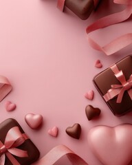 Romantic chocolate arrangement with pink ribbons and heart-shaped candies on a soft background