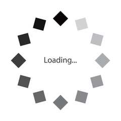 モノクロのグラデーションのダイヤが円状に並ぶローディングのマークのベクターイラスト。Webサイトやゲーム、データなどの読み込み中を表すフラットなUIアイコン