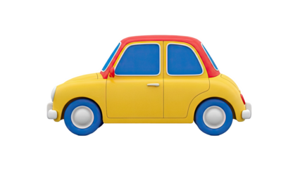 Yellow toy car with red roof and blue wheels