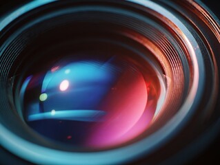 A close-up view of a camera lens, showcasing its intricate internal structure and reflecting a blurred background with vibrant colors.