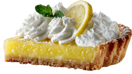 Delicious slice of lemon meringue pie with whipped cream and lemon slice