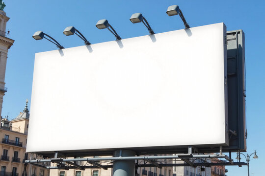 A mockup of a blank white billboard framed by a modern building facade under a clear blue sky in madrid city,ideal for advertising. 3d rendering.