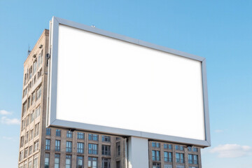 A mockup of a blank white billboard framed by a modern building facade under a clear blue sky in madrid city,ideal for advertising. 3d rendering.