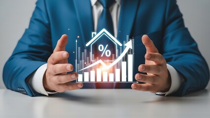 Businessman presenting virtual house graph with percentage sign and rising arrow