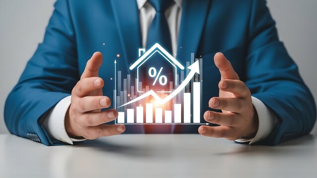 Businessman presenting virtual house graph with percentage sign and rising arrow - Powered by Adobe