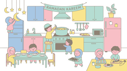 Fototapeta premium Ramadan Kareem family preparing food together in kitchen.