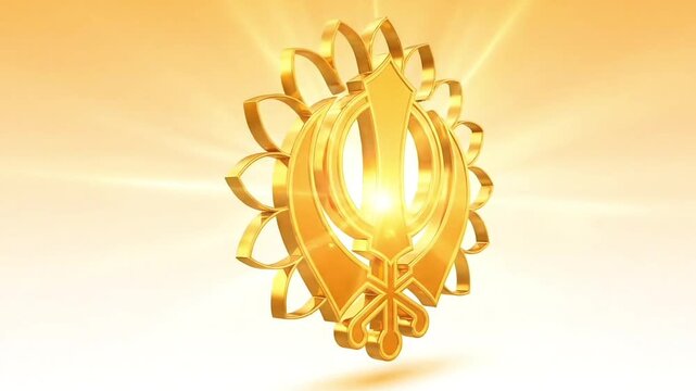 Animated motion graphic video of spiritual khanda symbol with golden glow in divine light background for religious festival meditation and cultural heritage theme
