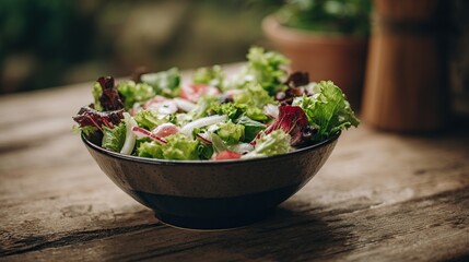 A vibrant salad bowl filled with mixed greens, tomatoes, and onions sits on a rustic wooden table outdoors, creating a fresh and inviting scene.