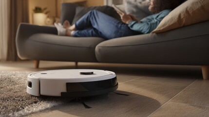 Robotic vacuum cleaner on a hardwood floor.