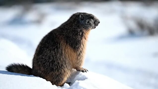 A marmot sitting on a snowy surface looking to the right with a blurry snowy background