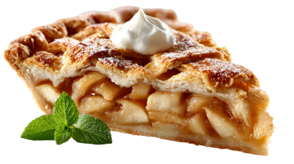 Delicious slice of apple pie with whipped cream and mint leaves on black background