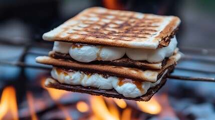 A perfectly toasted marshmallow sandwich is being cooked over an open flame, showcasing a gooey interior and golden-brown exterior.