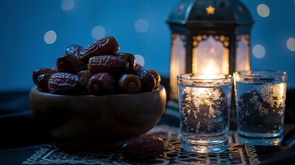A close-up shot of dates in a wooden bowl with two glasses of water and a traditional lantern, set against a blurred background with bokeh lights, evoking a spiritual or festive evening.