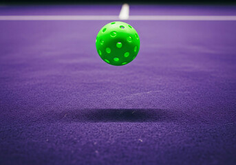 Bright Green Pickleball Flying Above Vibrant Purple Court Surface