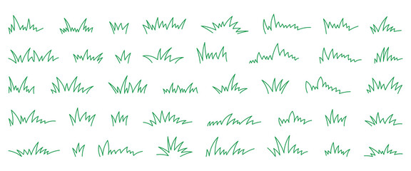 Grass green line set 40. Outline grassland or meadow sketch simple field design. Green grass stroke hand drawn texture for garden pattern.