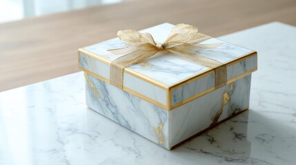Elegant Marble Gift Box Tied with Golden Ribbon on Polished Surface