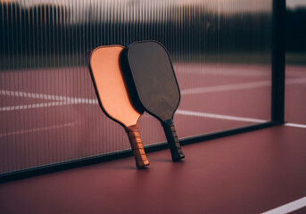 Modern pickleball paddles leaning against court fence during warm sunset light