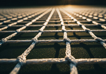 Detailed macro shot of safety net illuminated by dramatic sunlight