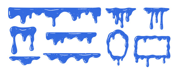  Blue paint drips create dynamic liquid frames with splashing borders, perfect for modern vector design elements and creative graphic decoration projects.