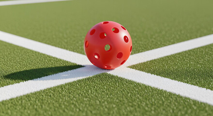 Vibrant red pickleball resting on white intersection lines of a green court