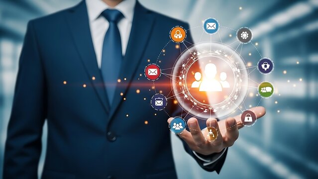 Businessman holding hand with network and people symbol suit blue - Powered by Adobe