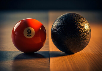 Dramatic Close Up of Shiny Red Nine Ball and Textured Dark Sphere