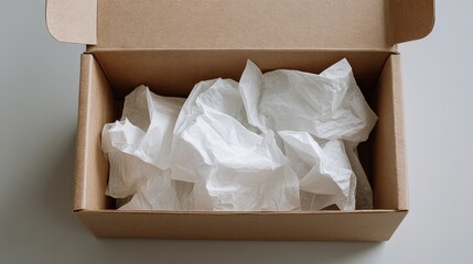Brown cardboard box filled with crumpled white paper and sitting on a flat surface in soft lighting