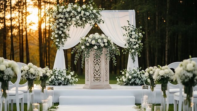Elaborate floral wedding altar with white chairs in forest setting