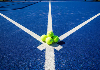 Five neon tennis balls centered on blue court line intersection sunny day