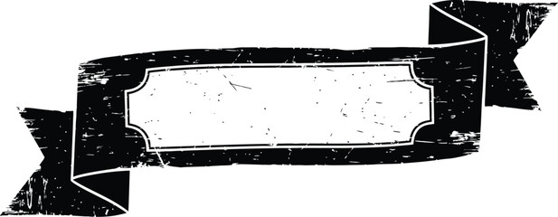 Grunge Distressed Black Ribbon Banner with Blank Label Frame Vector Illustration