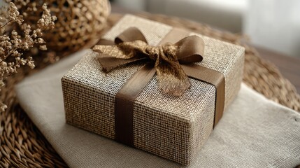 Elegant gift box wrapped in natural burlap with brown ribbon on a textured surface adorned with dried flowers