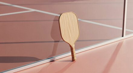 Modern wooden pickleball paddle resting on a pink court surface aesthetic