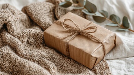 Cozy Gift Wrapped in Brown Paper on a Soft Knit Blanket with Greenery Accents in a Warm Indoor Setting