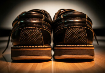 Dark leather men's dress shoes close up detail of heels and sturdy soles
