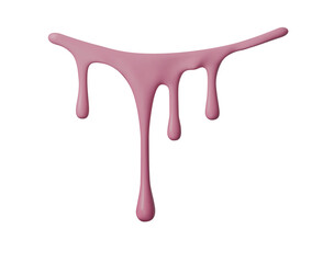 Pink liquid drips down white background creating sweet cream texture. 3D rendered paint drops form glossy spheres with flowing icing effect and candy like splashes.