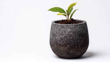 Small Green Plant Growing in Modern Dark Pot on White Background for Home Decor and Interior Design