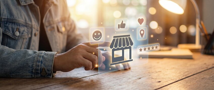 Person interacting with digital interface icons for online shopping and feedback on a wooden desk in a cozy workspace with blurred background - Powered by Adobe