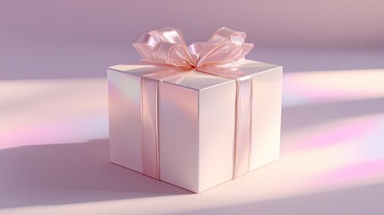Obraz premium Elegant white gift box with soft pink ribbon and bow on a pastel background, perfect for celebrations and special occasions
