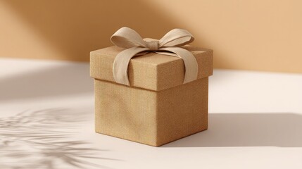 Elegant Gift Box with Ribbon on Minimalistic Background in Warm Tones and Soft Shadows