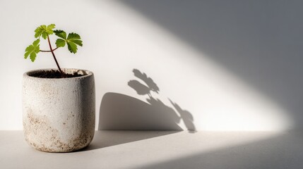 Minimalist indoor plant in modern pot casting soft shadows on a wall in natural sunlight