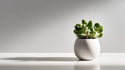 Minimalistic Succulent Plant in Modern White Pot on Light Gray Surface with Soft Shadow Play