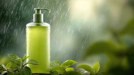Green Bottle with Pump Cap Surrounded by Fresh Leaves Under Rainy Background in Nature