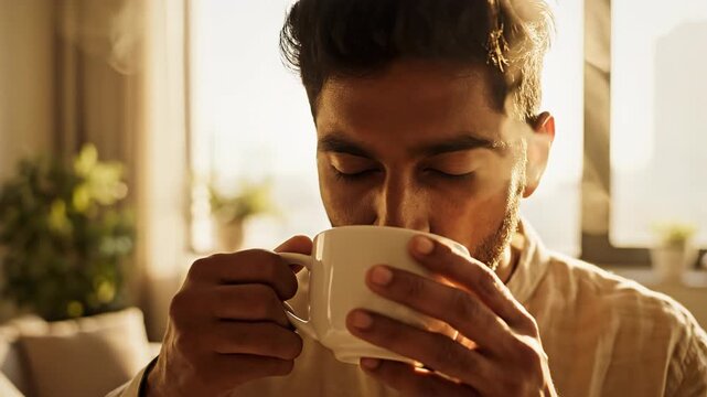 Man drinking tea from white mug, covering face with cup, morning routine, guy sipping hot beverage, casual lifestyle portrait, blurred background.