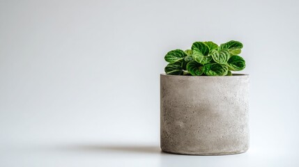 Fresh Green Plant in Simple Gray Concrete Pot on Minimalist White Background