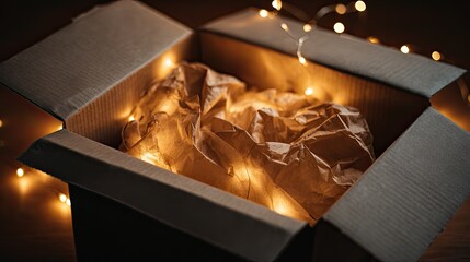 Empty cardboard box with crumpled paper and warm glowing fairy lights in a cozy setting