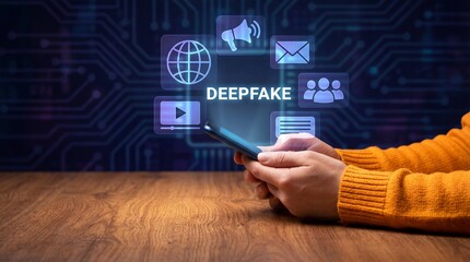 Person holding smartphone with deepfake icons and symbols floating above screen on dark background with wooden table